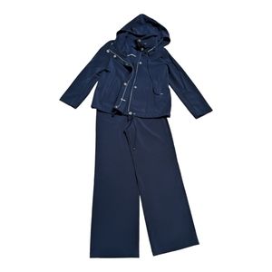 St John navy leisure suit set wide leg pants hooded casual jacket EUC Size Small